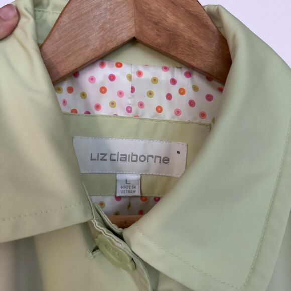 VTG Y2K Mint Green Floral-Button Down Collared Heavy Trench Rain Coat Spring - Picture 4 of 5